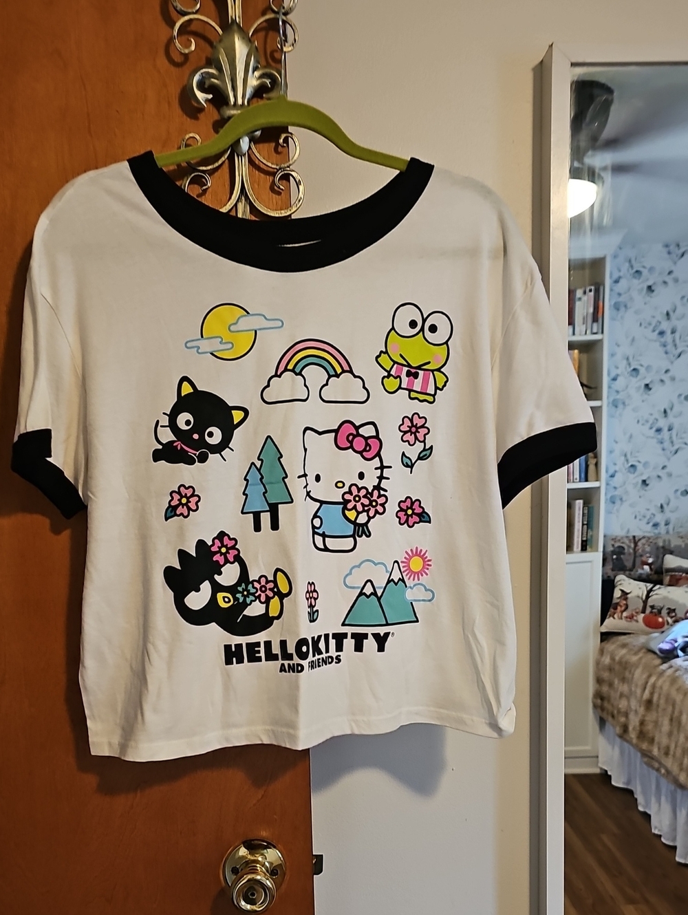 Hello Kitty White Crop Tee with Black Trim and Colorful Friends Graphic